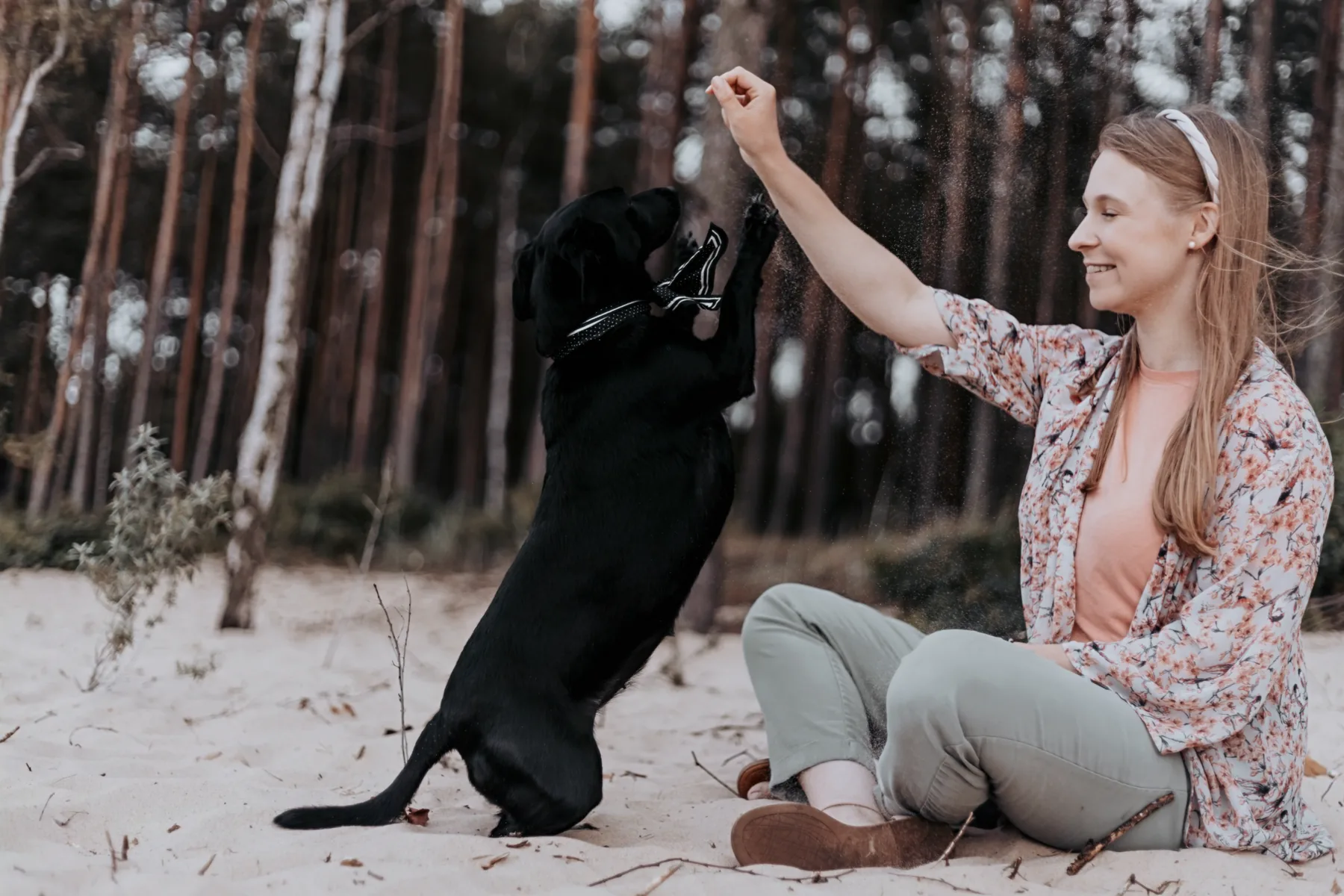 Dominika bawi się z czarnym psem w nadmorskim lesie